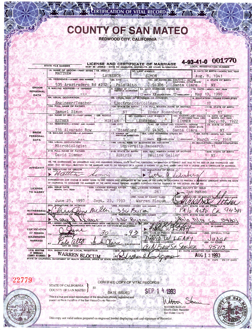 Marriage Certificate Esther & Matt